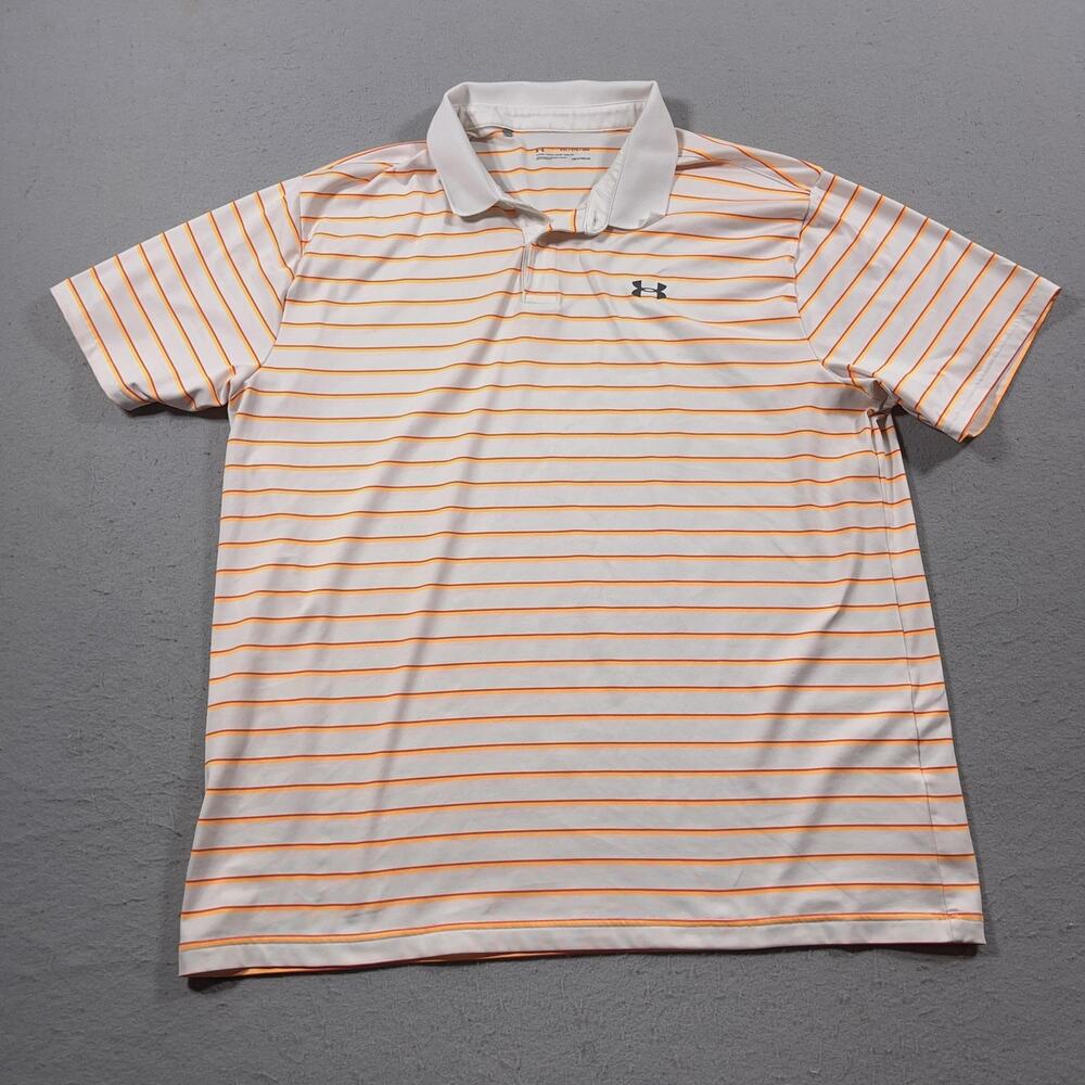 Under Armour Shirt Mens 2XL White Orange Striped HeatGear Polo Golf Performance